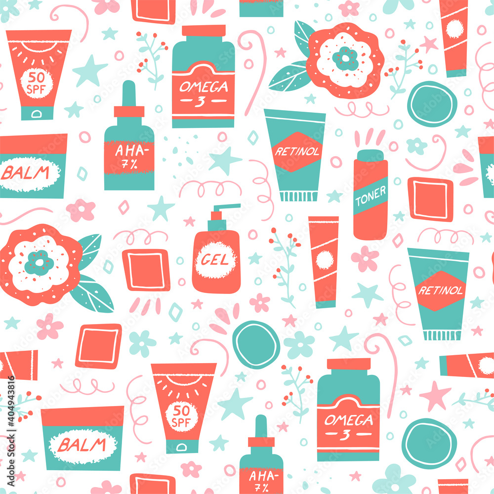 Acne skin concept. Skincare and cosmetics seamless pattern. Water, omega-3, retinoids, serum, cleanser and sunscreen as a part of acne treatment. Vector illustration in a flat style Acne skin concept. Skincare and cosmetics seamless pattern. Water, omega-3, retinoids, serum, cleanser and sunscreen as a part of acne treatment. Vector illustration in a flat style