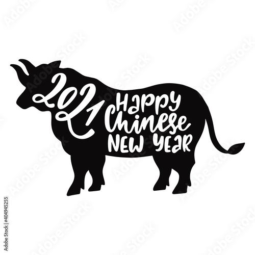 Happy Chinese New Year typography design. 2021 year of the Ox lettering in the bull silhouette. © Maroshka