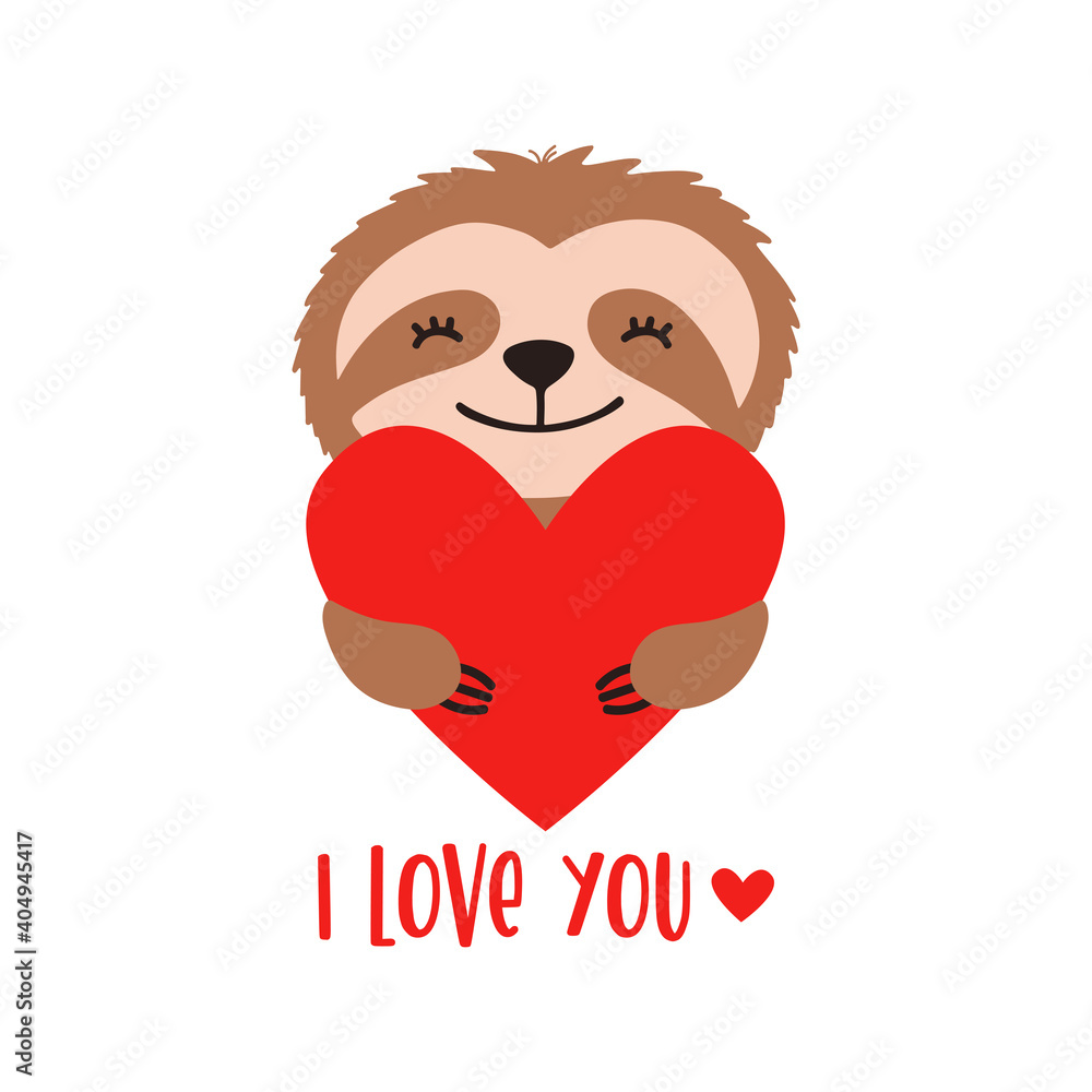 Fototapeta premium Cute sloth bear with heart and text - I love you.