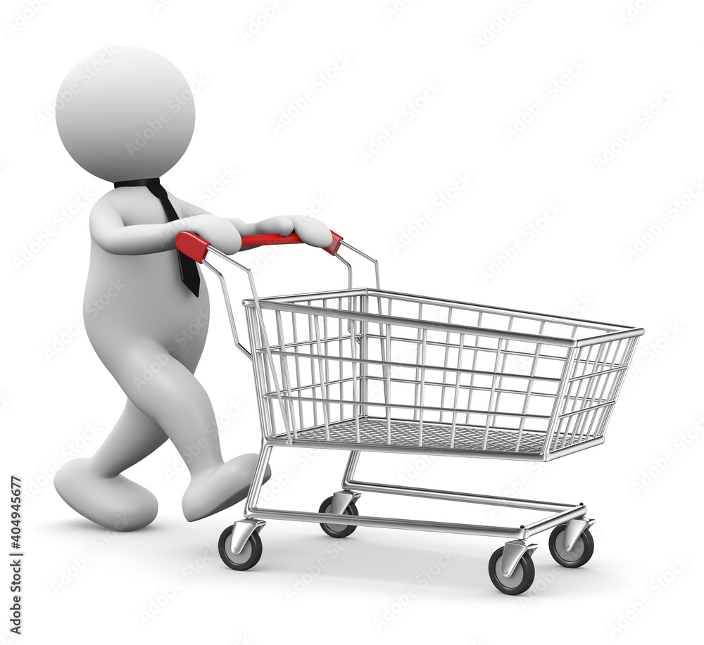 3d man pushing shopping trolley