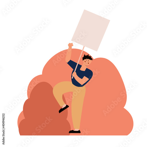 Protester man holding empty banner. Activist protesting, political meeting, strike human rights. Vector illustration isolated.