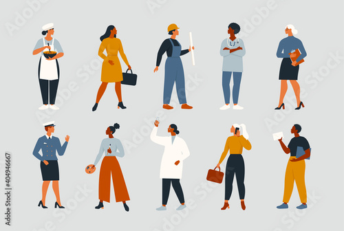 Collection of women people workers of various different occupations or profession wearing professional uniform set vector illustration.