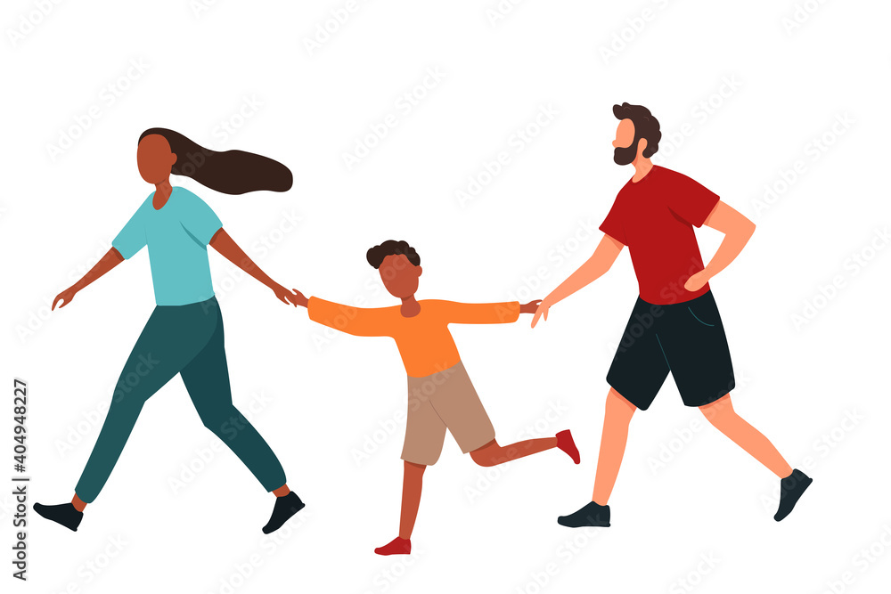 A family runs together holding hands on a white isolated background. Father, mother and son play sports together. Flat vector illustration. A family runs together holding hands on a white isolated background. Father, mother and son play sports together. Flat vector illustration.