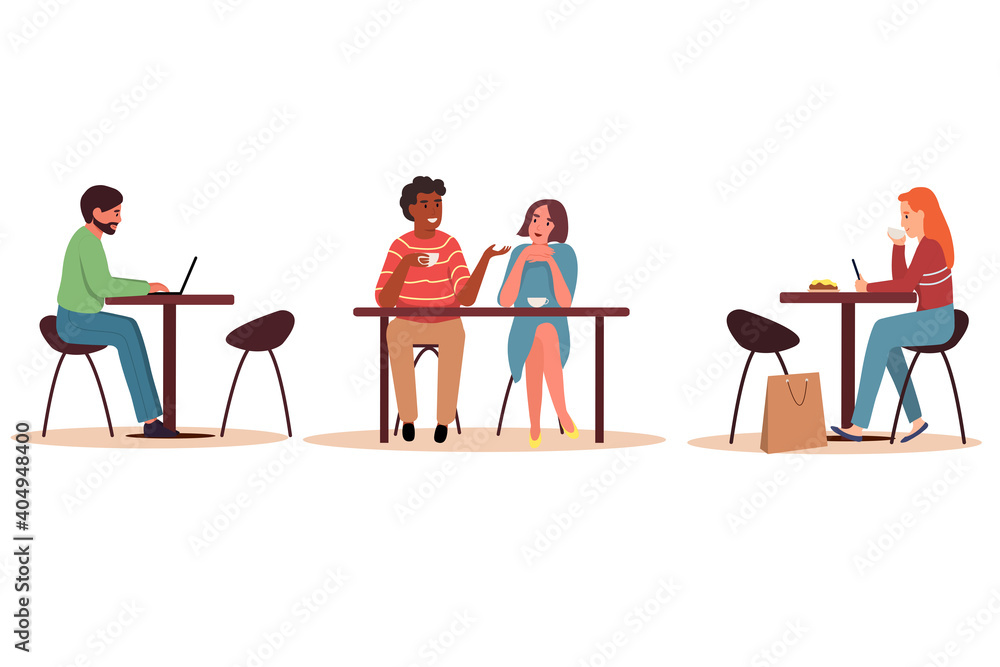 A set of people sitting at a table in a cafe or restaurant. Men and women drink coffee or tea, talk, work on a laptop and phone. Flat vector illustration on a white isolated background. A set of people sitting at a table in a cafe or restaurant. Men and women drink coffee or tea, talk, work on a laptop and phone. Flat vector illustration on a white isolated background.