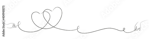 Hand drawn line art with two hearts and two hands drawing the lines 