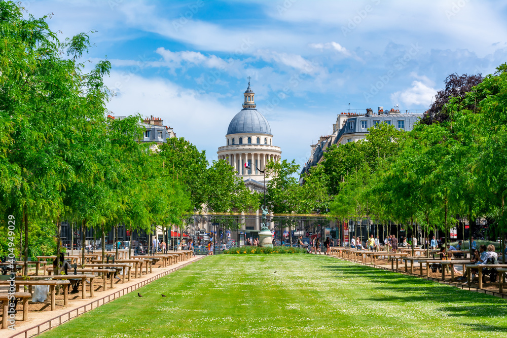 Pantheon dome and Luxembourg gardens in Paris, France