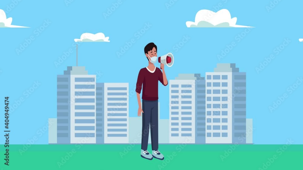 young man wearing medical mask with megaphone on the city animation young man wearing medical mask with megaphone on the city animation