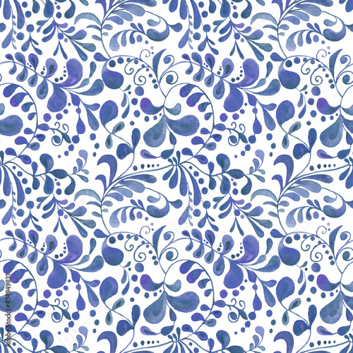 Seamless watercolor pattern of flowers in blue tones. Hand drawn watercolor pattern. Suitable for invitations  wrapping paper  textiles  fabric  packaging