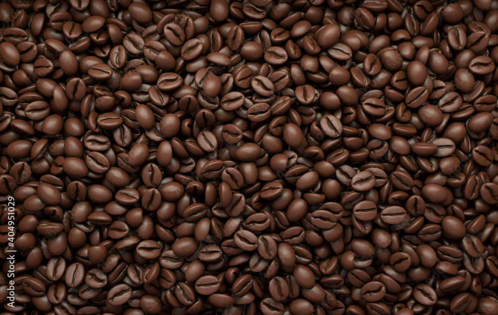 Dark freshly roasted coffee beans 3d rendering background. Top view. Masses of coffee beans close up. Dark freshly roasted coffee beans 3d rendering background. Top view. Masses of coffee beans close up.