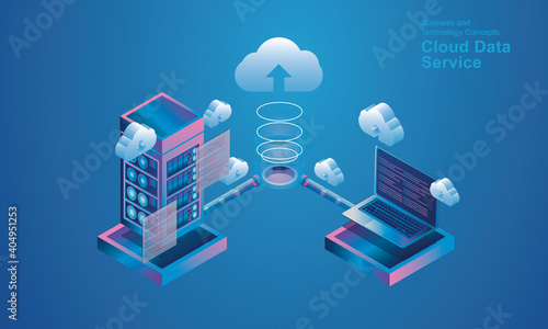 Computer technology server room digital device Isometric concept Cloud storage communication with the network Online devices uploads download information data in a database on cloud services  vector
