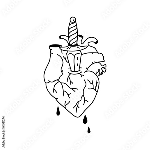 Human anatomical heart with a knife. Valentine day concept. Broken heart. Linear doodle style. Vector on isolated white background. For printing on cards, invitations, tattoos, fashion design.