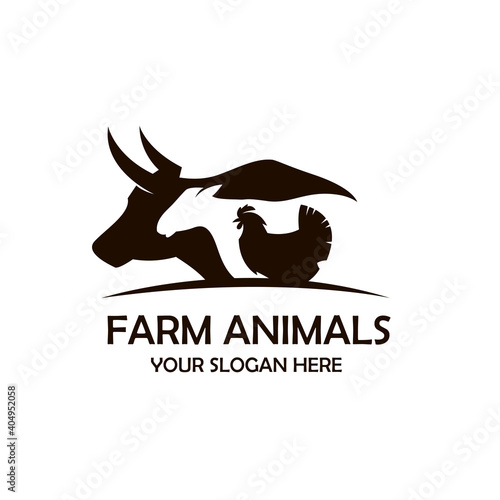 monochrome label of farm animals cow, chicken and sheep isolated on white background