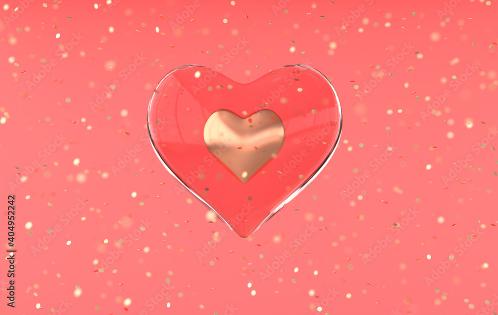 Valentines hearts, golden confetti background pattern 3d rendering illustration. Love celebration poster, greeting card, banner template. One in a thousand, romantic acquaintance concept.