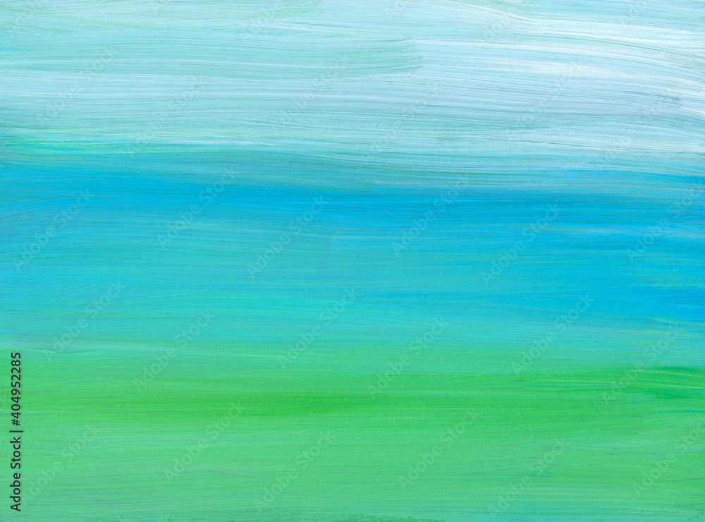 Abstract light blue, green and white background painting. Contemporary oil artwork. Soft brush strokes on paper.
