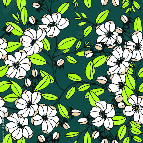 Seamless pattern of flowers  apple tree branches. Vector stock illustration eps10.