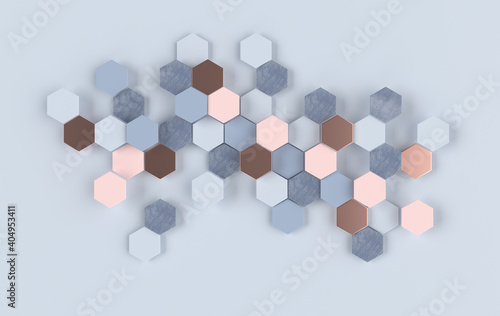 Hexagonal abstract background. Modern cellular honeycomb 3d panel with hexagons. Ceramic, marble, metallic tile. 3d wall texture.  Geometric background for interior wallpaper design