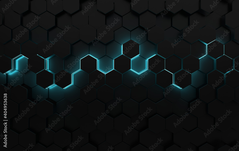 Hexagonal abstract background. Futuristic cellular 3d panel with hexagons and neon light. Ceramic or metallic tile. 3d wall texture. Geometric background for interior wallpaper design