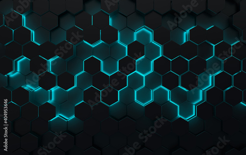 Hexagonal abstract background Futuristic cellular 3d panel with hexagons and neon light. Ceramic or metallic tile. 3d wall texture. Geometric background for interior wallpaper design