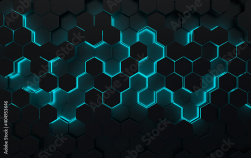 Obraz na plátně Hexagonal abstract background Futuristic cellular 3d panel with hexagons and neon light