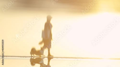 Woman and dog walk along water in blurry image in spring spbi. Pet with owner cross riverbank during holiday at resort. In warm clothes lady in hat and bag lightheartedly spend relax together in early photo