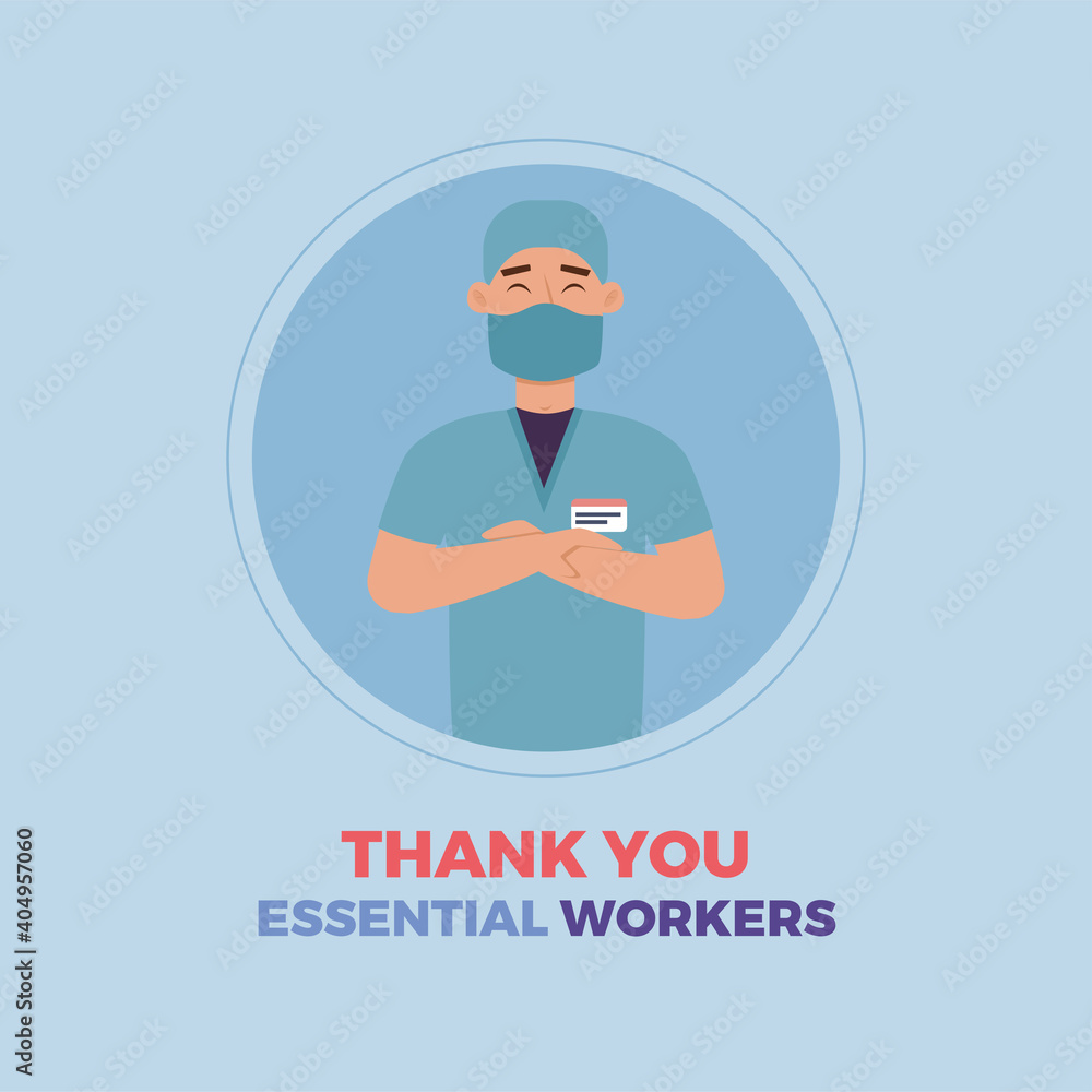 Medical blue thanks essential workers logo - Vector