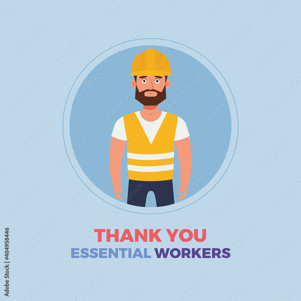 Engineer man blue thanks essential workers logo - Vector