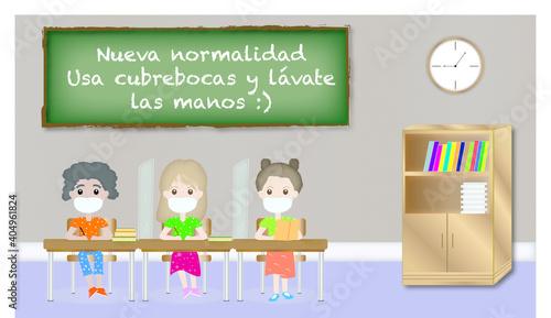 Ilustración de niños sentados en salón de clases. Nueva normalidad. Con cubrebocas. Covid 19