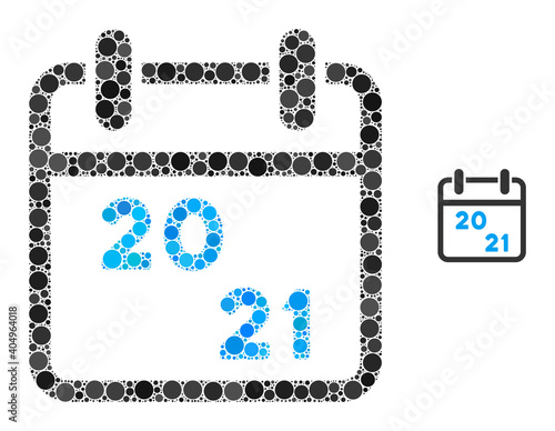 2021 calendar mosaic of filled circles in various sizes and shades. Vector filled circles are combined into 2021 calendar illustration. 2021 calendar isolated on a white background.