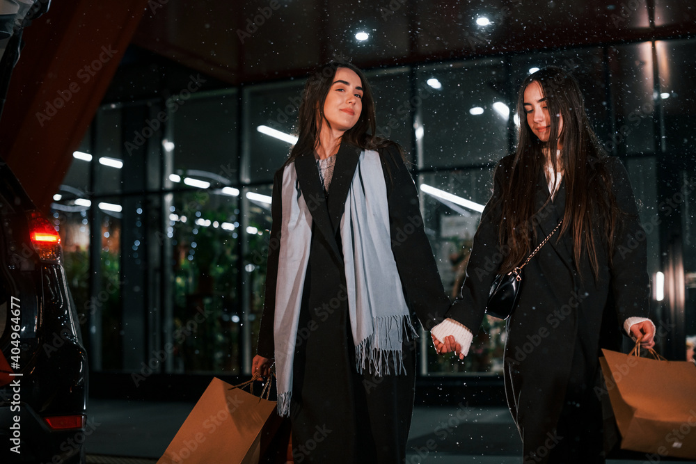 Walks with packages. Just from shopping. Happy sisters twins spends Christmas holidays together outdoors. Conception of new year Walks with packages. Just from shopping. Happy sisters twins spends Christmas holidays together outdoors. Conception of new year