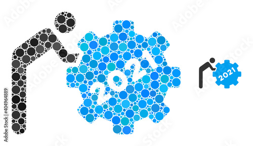 2021 worker rolling gear collage of round dots in various sizes and color tones. Vector round elements are grouped into 2021 worker rolling gear collage.