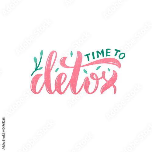 Vector illustration of time to detox lettering for banner, poster, signage, sticker, invitation, healthy food guide, restaurant menu, product design. Handwritten decorative text for web or print
