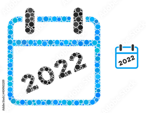 2022 calendar collage of filled circles in various sizes and color tones. Vector filled circles are united into 2022 calendar collage. 2022 calendar isolated on a white background.