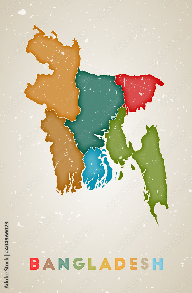 Bangladesh map. Country poster with colored regions. Old grunge texture. Vector illustration of Bangladesh with country name.