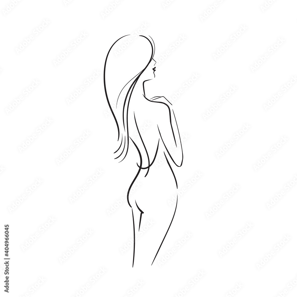 Portrait of young beautiful woman with accessories, model standing with his back.Hand-drawn Fashion illustration in sketch style isolated on white background. Sketch Stock vector illustration.