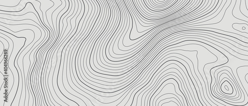 The stylized height of the topographic contour in lines and contours. The concept of a conditional geography scheme and the terrain path. Black on Gray. Ultra wide size. Vector illustration. photo
