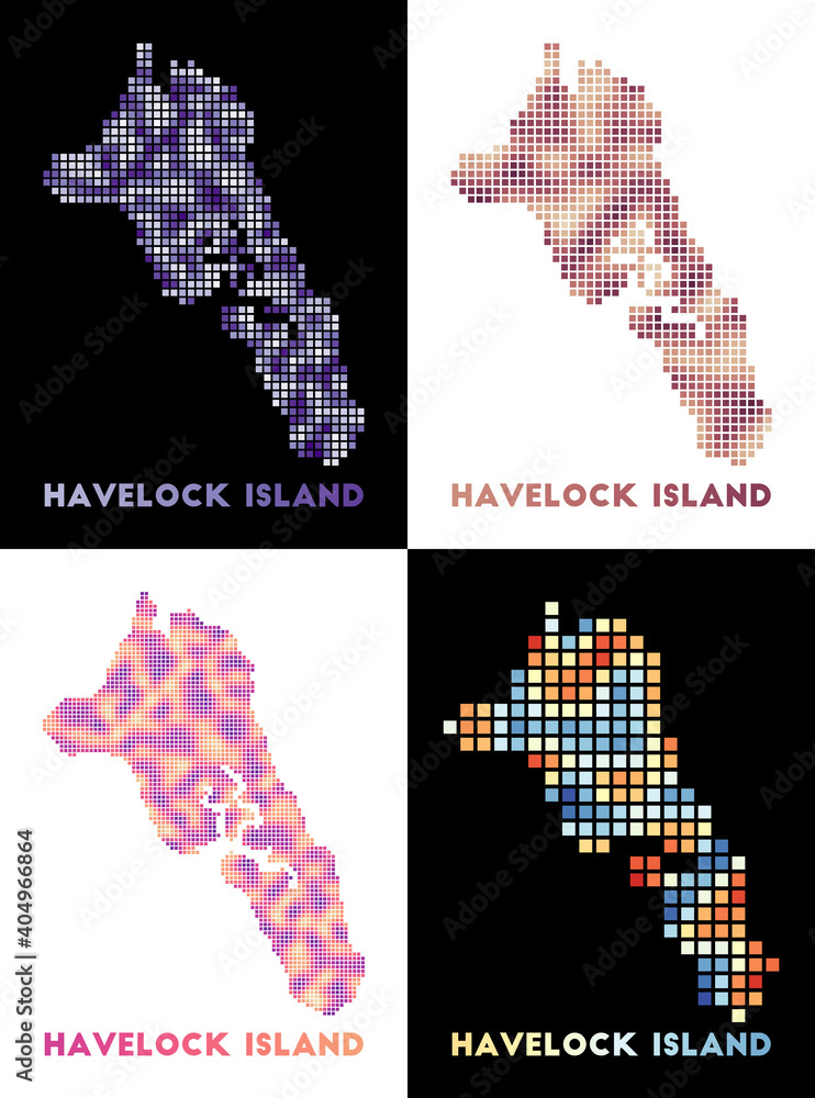Obraz premium Havelock Island map. Collection of maps of Havelock Island in dotted style. Borders of the island filled with rectangles for your design. Vector illustration.
