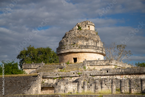 Ruins of antique city. Observatory El Caracol in Chichen Itza. Mexico.