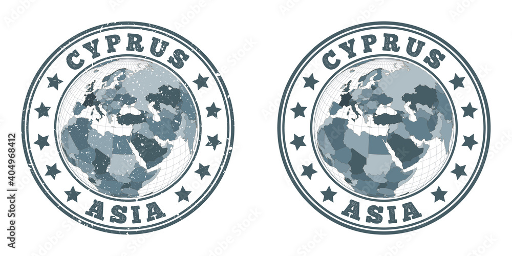 Cyprus round logos. Circular badges of country with map of Cyprus in world context. Plain and textured country stamps. Vector illustration. Cyprus round logos. Circular badges of country with map of Cyprus in world context. Plain and textured country stamps. Vector illustration.