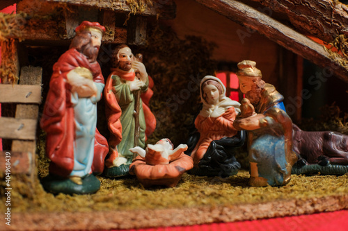 Holy night and Jesus Christ Nativity scene. Religious scene of christmas figurines