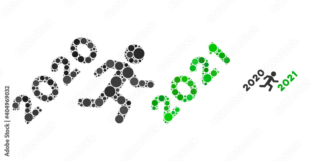 Man run to 2021 mosaic of round dots in various sizes and color tints. Vector round dots are organized into man run to 2021 mosaic. Man run to 2021 isolated on a white background.