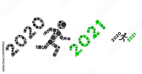 Man run to 2021 mosaic of round dots in various sizes and color tints. Vector round dots are organized into man run to 2021 mosaic. Man run to 2021 isolated on a white background.
