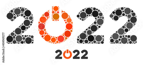 Start 2022 caption mosaic of circle elements in various sizes and color tints. Vector round elements are combined into start 2022 caption collage. Start 2022 caption isolated on a white background.