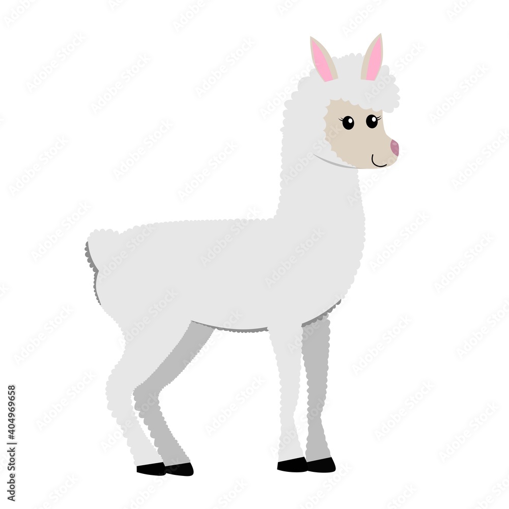 cute cartoon flat llama (alpaca) from side, vector isolated on white, illustration for children