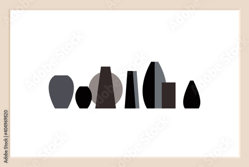 Abstract vases composition in dark colors. Minimalist wall art of geometric shapes in a beige frame.