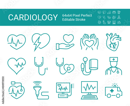 Set of icons of cardiology. Vector icon as ecg, doctor, pacemaker, heartbeat, heart outline pictogram. Editable vector stroke. 64x64 Pixel Perfect.