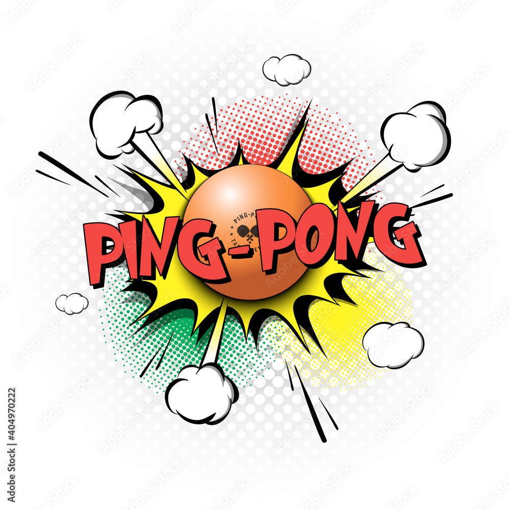 Comic with expression text ping-pong. Comics book font sound phrase template with ping-pong ball. Pop art style banner message. Sports fan emotions. Vector illustration vector de Stock | Adobe Stock