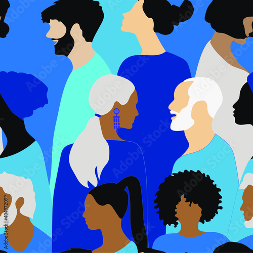 Seamless background of silhouettes of people in blue shades for textiles, paper, interior design, fabrics. Vector illustration.