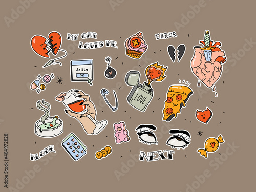 Set of stickers for Valentine's Day. Broken heart in tattoo style. Vector set of trendy linear hipster symbols - mono line tattoo graphics. For the design of stickers and patches photo