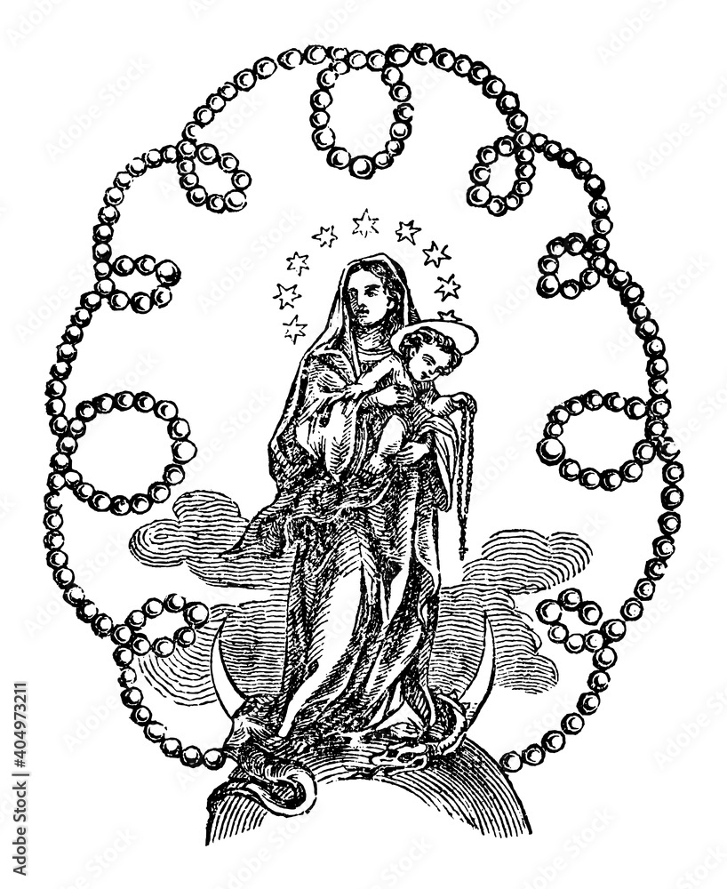 Φωτογραφία Ornamental image of Madonna or virgin Mary holding baby Jesus Christ surrounded by pearl ornament