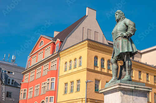 Monument of famous German composer George Frideric Handel in Halle (Saale) Marktplatz, Germany
